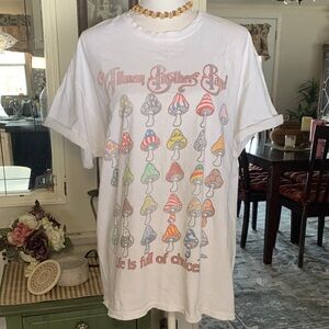 White Graphic Short Sleeve Tee with Colorful Mushroom Print